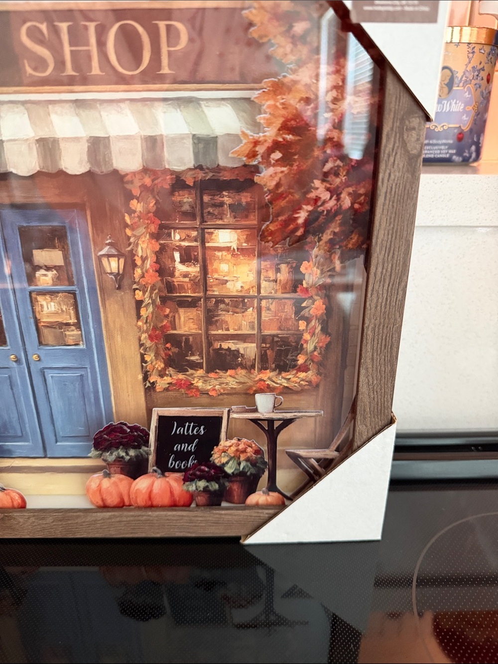 NWT-2026 Hobby Lobby Coffee Shop Wall Art Blue Door, Pumpkins, Brown Frame - Picture 5 of 7